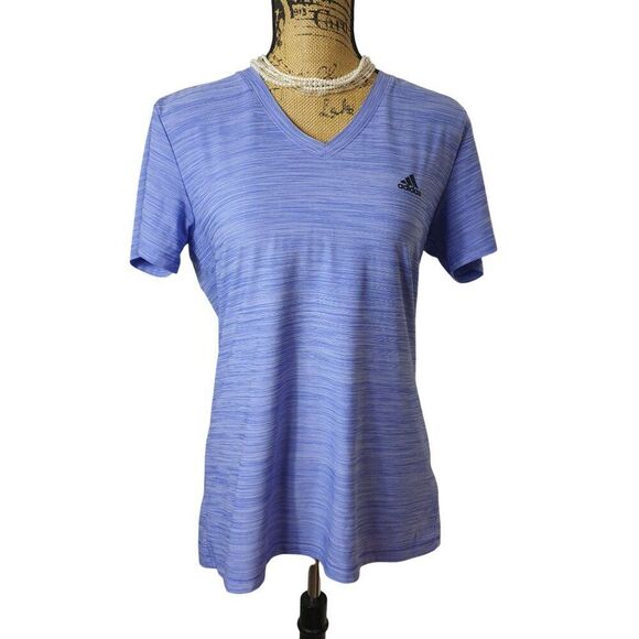Adidas Womens Climalite Tee M Violet Ppl Striped V-Neck Athletic Sporty Tech - Picture 1 of 6